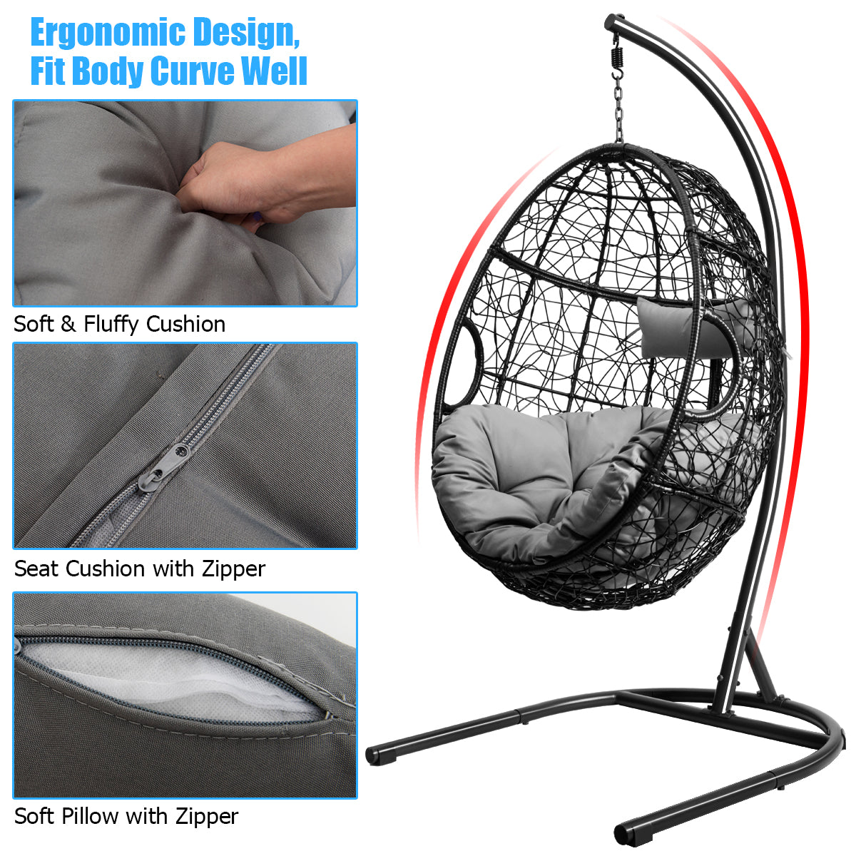 Egg Swing Chair with Stand and Ultraviolet-Resistant Seat Cushion-Grey