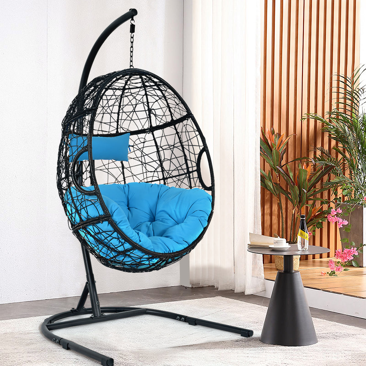 Egg Swing Chair with Stand and Ultraviolet-Resistant Seat Cushion-Turquoise