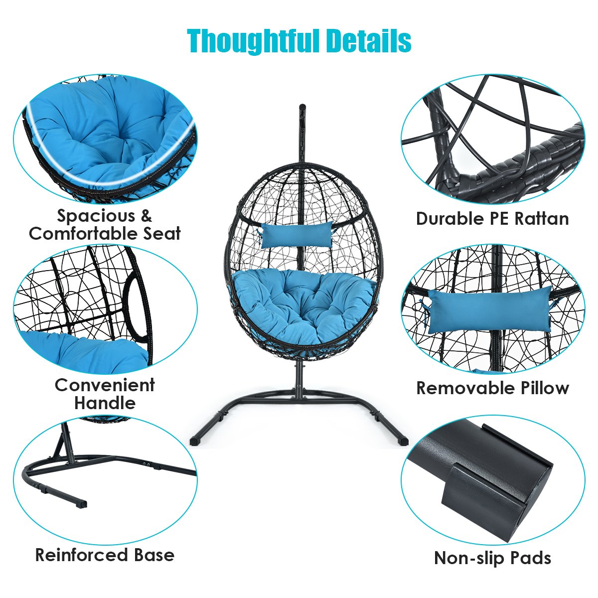 Egg Swing Chair with Stand and Ultraviolet-Resistant Seat Cushion-Turquoise