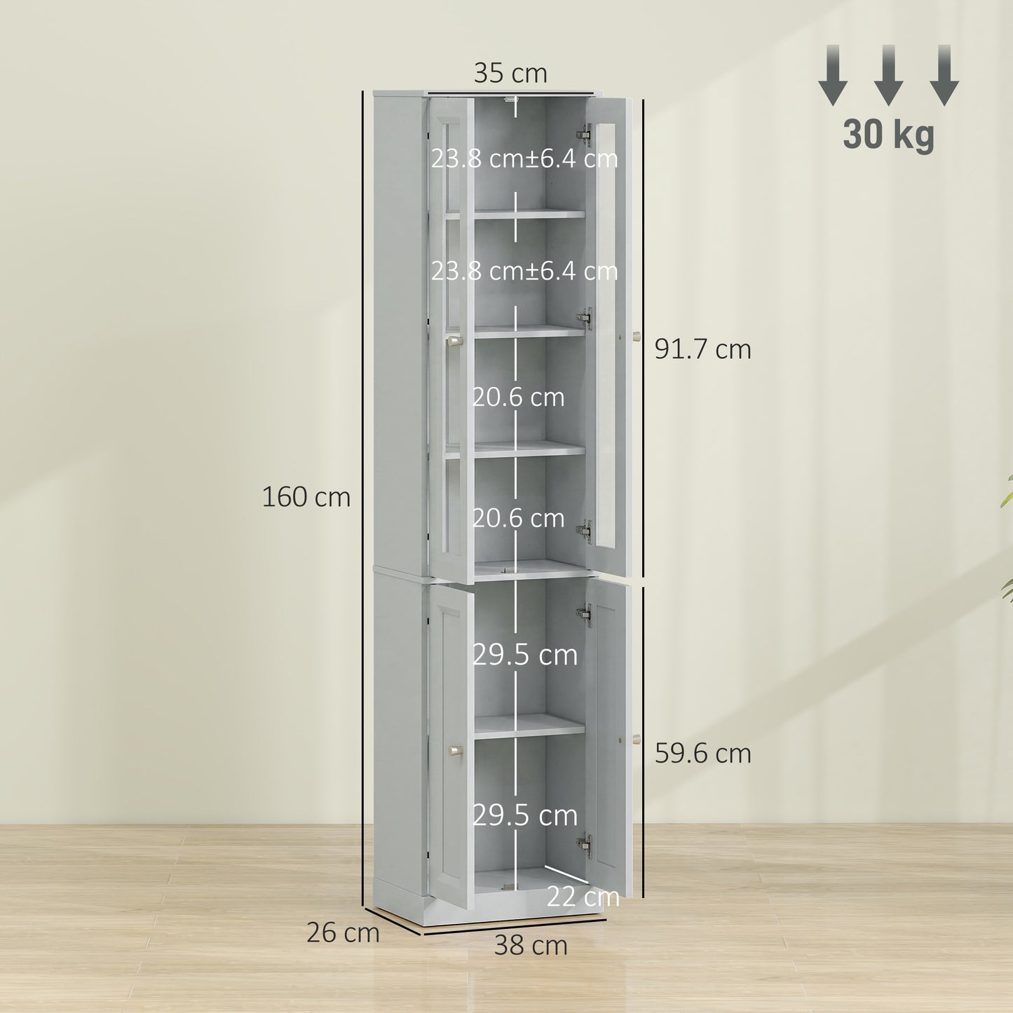 HOMCOM Tall Bathroom Storage Cabinet, 6-Tier Slim Bathroom Cabinet with Adjustable Shelf, 4 Soft-Close Doors, Dusty Blue