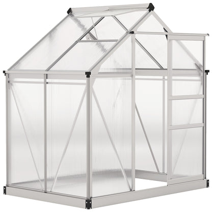 Outsunny Polycarbonate Greenhouse, Large Walk-In Green House with Slide Door and Window, Aluminium Frame, 6x4ft, Silver Tone