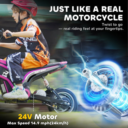 HOMCOM 24V Electric Motorbike with Twist Grip Throttle, Music, Horn, 12" Pneumatic Tyres, 16km/h Max Speed - Pink