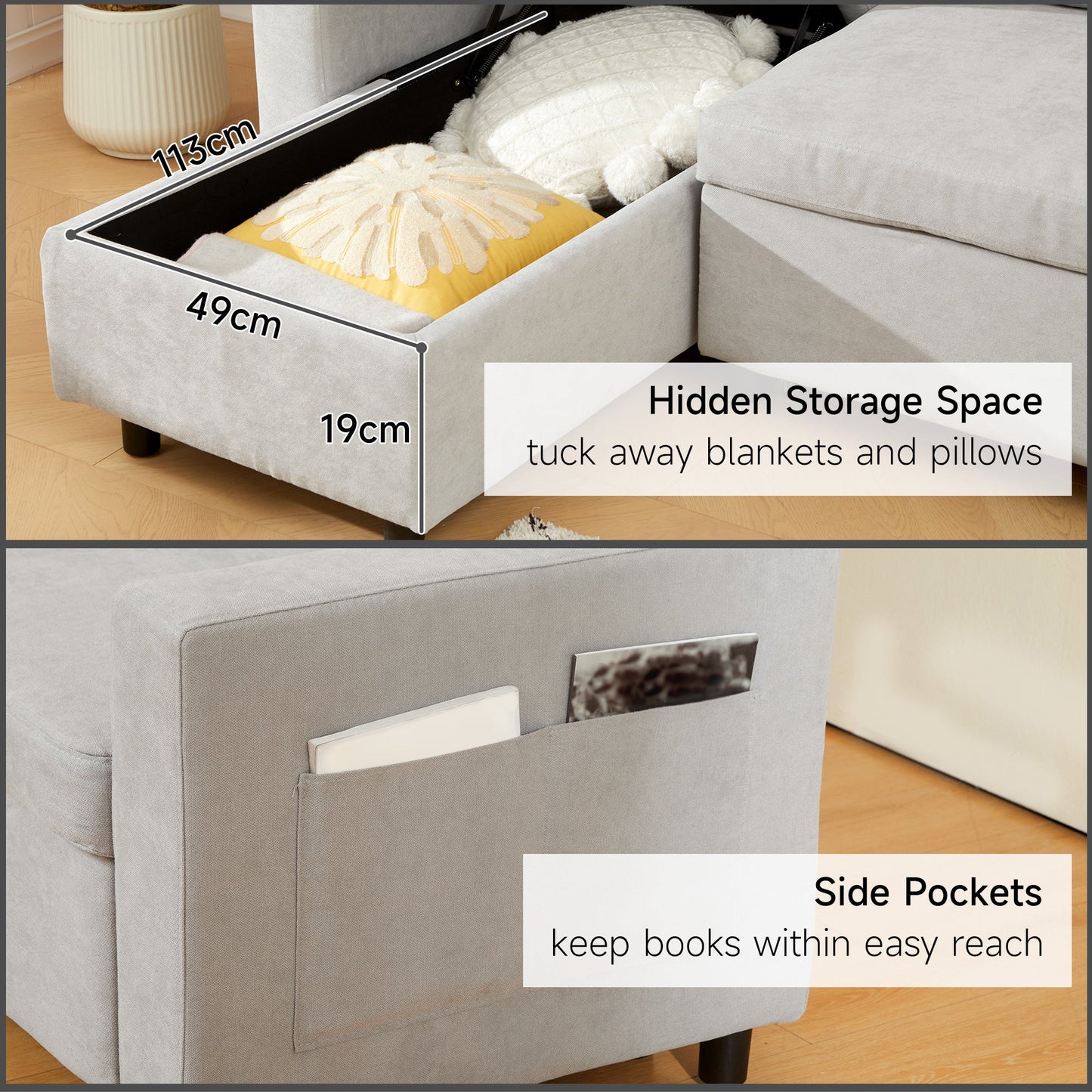 HOMCOM Pull Out Sofa Bed with Storage - Light Grey