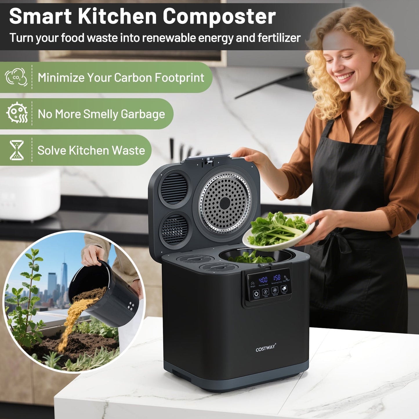 4L Electric Composter with Lid and Auto-Cleaning for Kitchen-Black