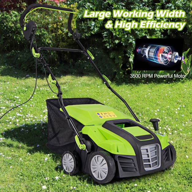 Adjustable Electric Dethatcher and Scarifier Folding Walk-Behind Weeder-Green