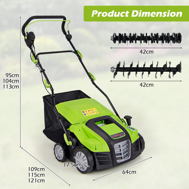 Adjustable Electric Dethatcher and Scarifier Folding Walk-Behind Weeder-Green