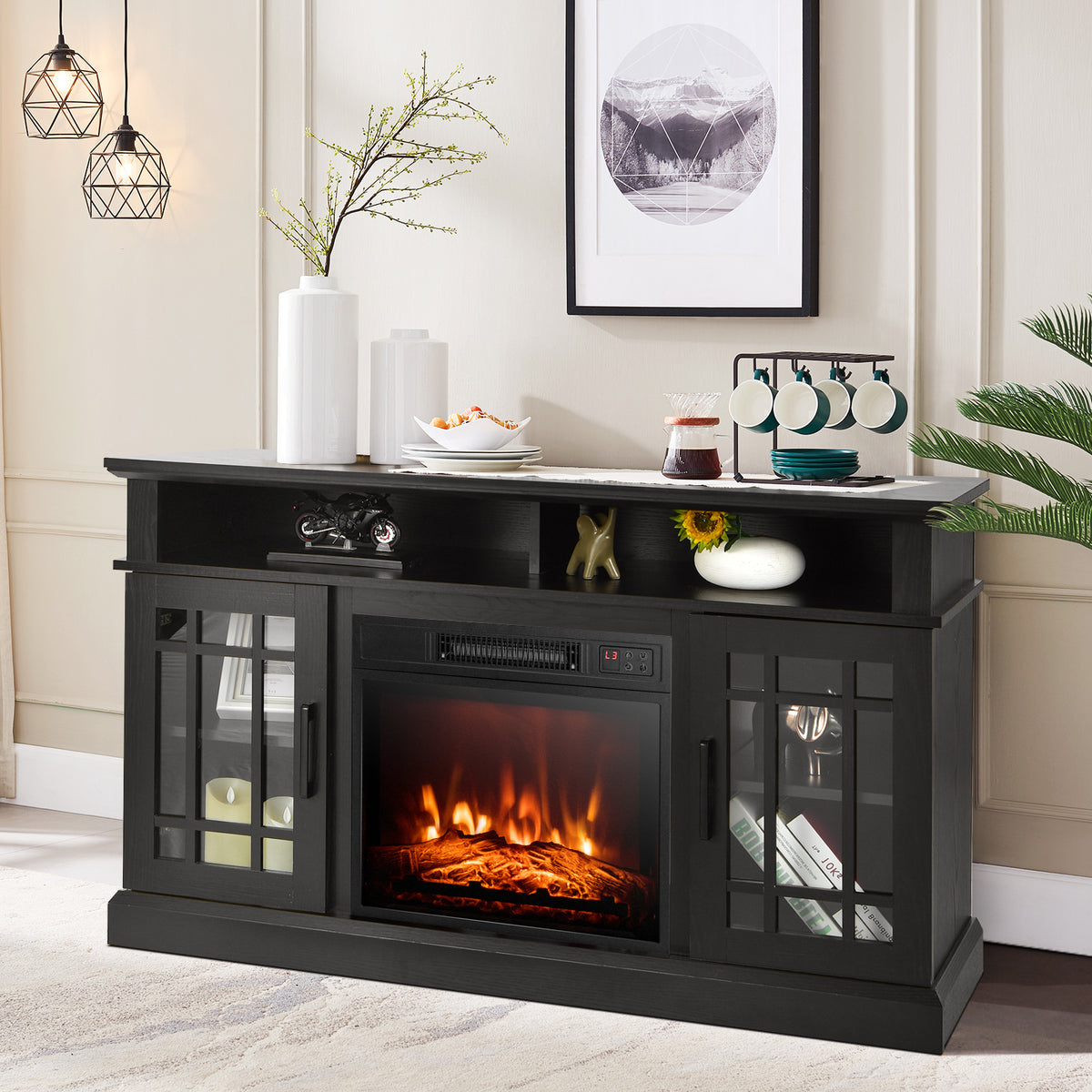 Fireplace TV Stand with 2000w Electric Insert and Remote Control-Black