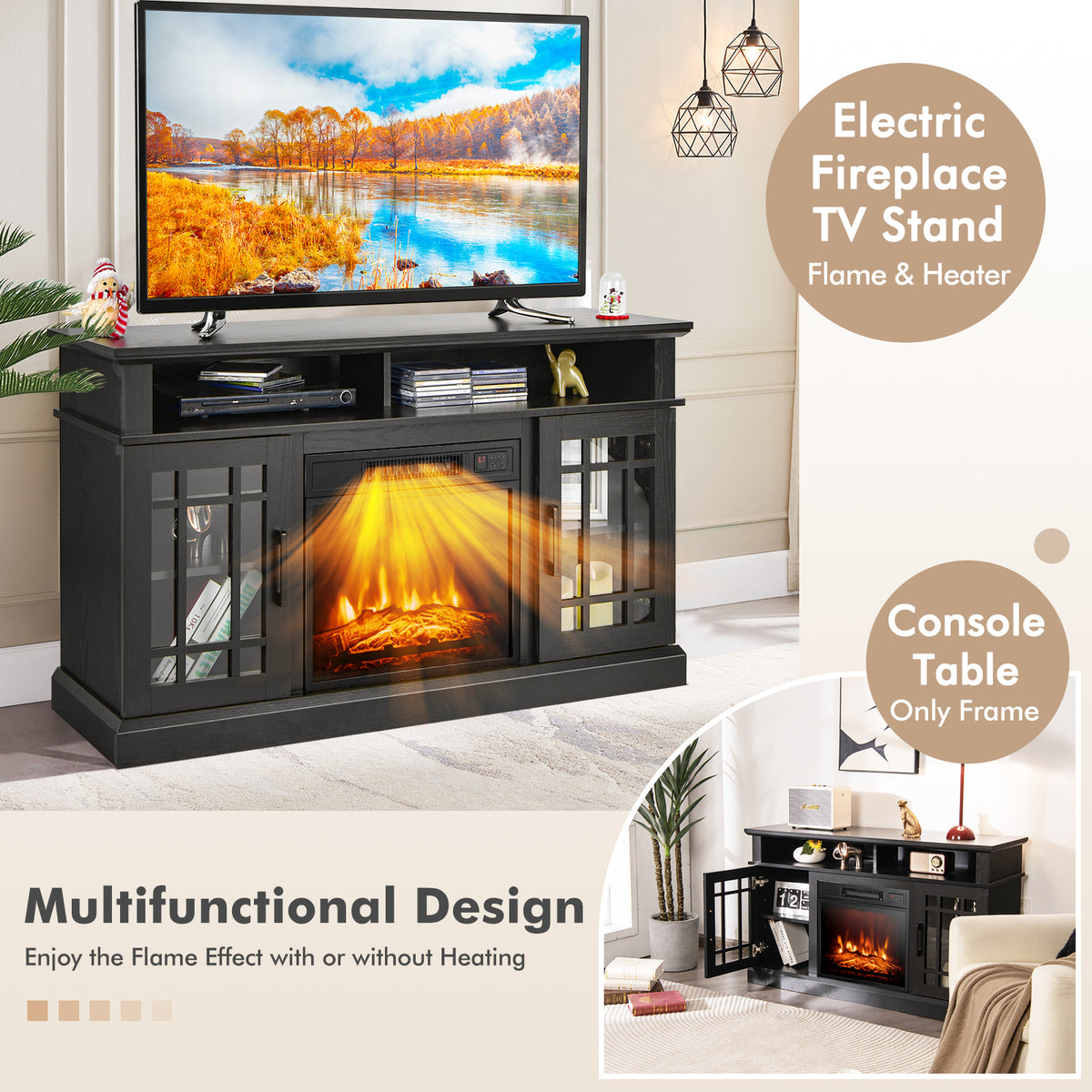 Fireplace TV Stand with 2000w Electric Insert and Remote Control-Black