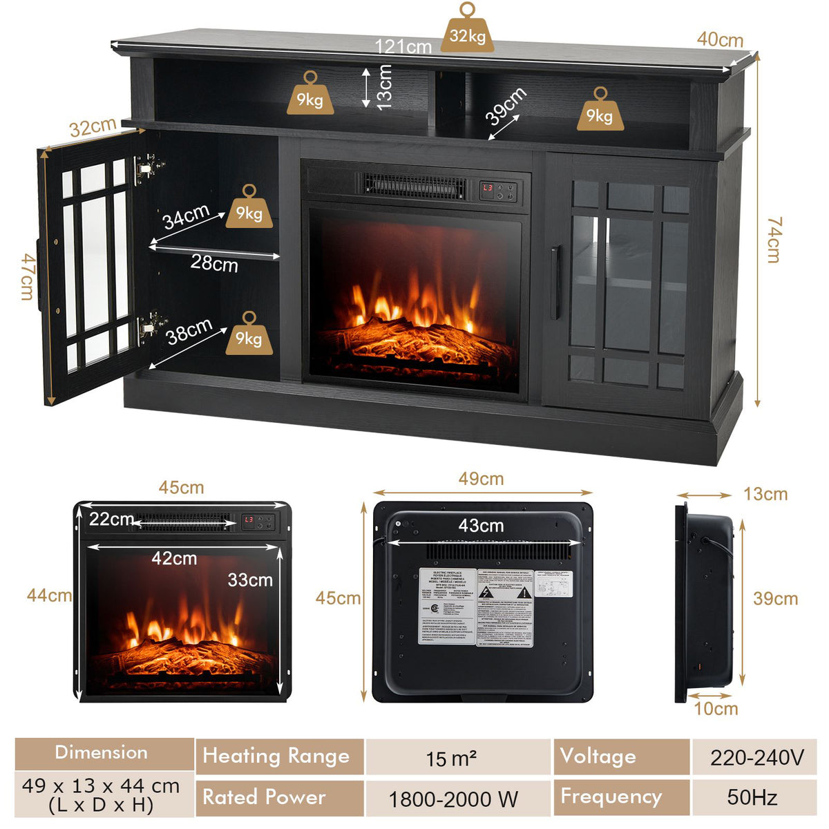 Fireplace TV Stand with 2000w Electric Insert and Remote Control-Black