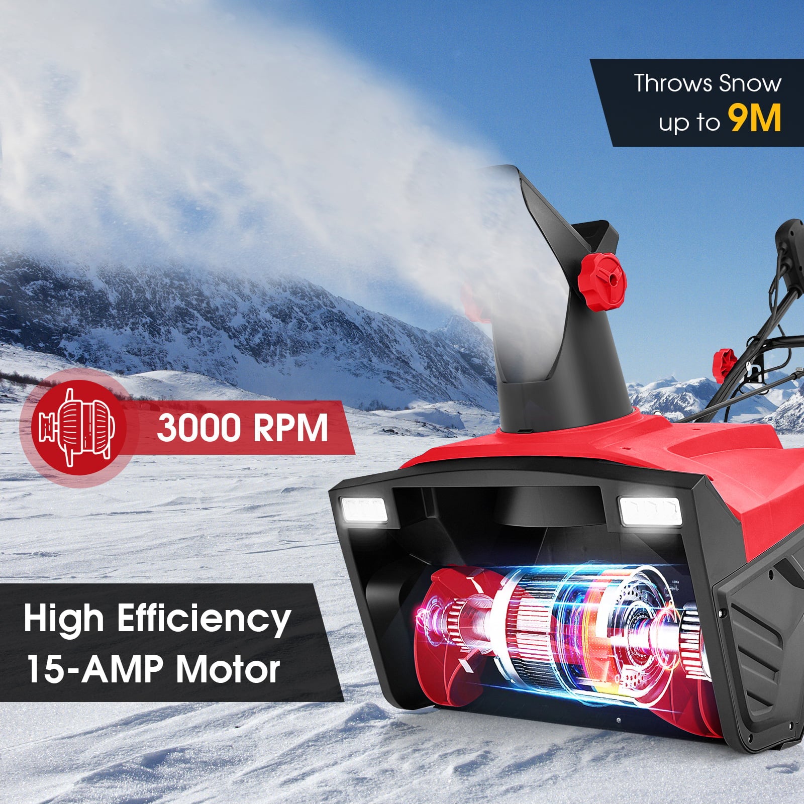 Electric Walk-behind Snow Blower with Dual LED Lights and Rotating Chute-Red