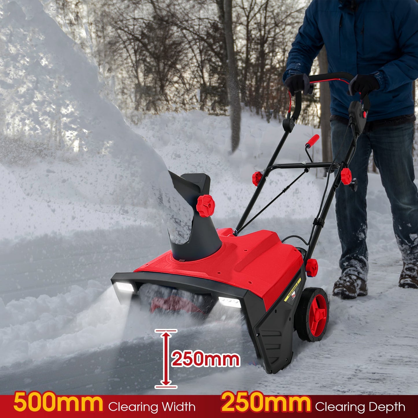 Electric Walk-behind Snow Blower with Dual LED Lights and Rotating Chute-Red