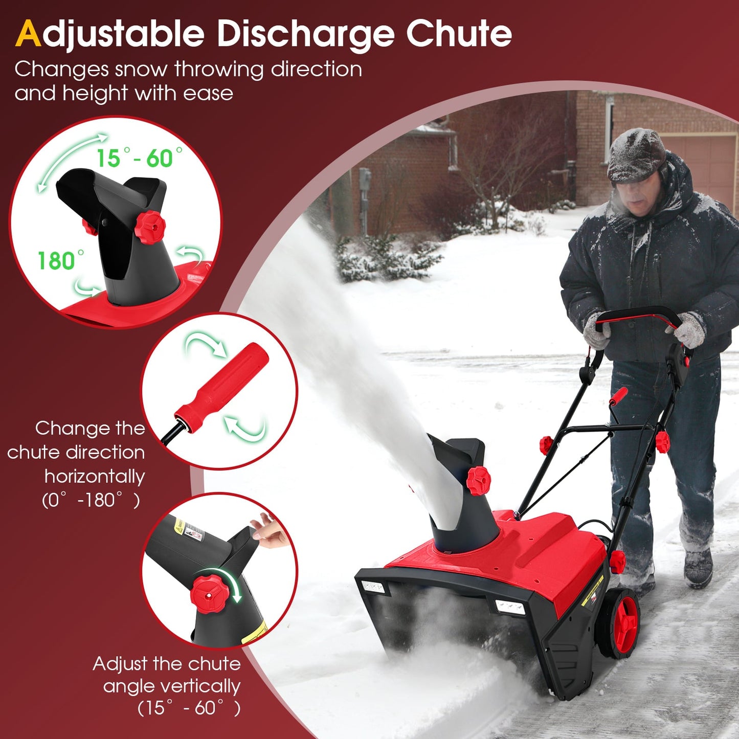 Electric Walk-behind Snow Blower with Dual LED Lights and Rotating Chute-Red