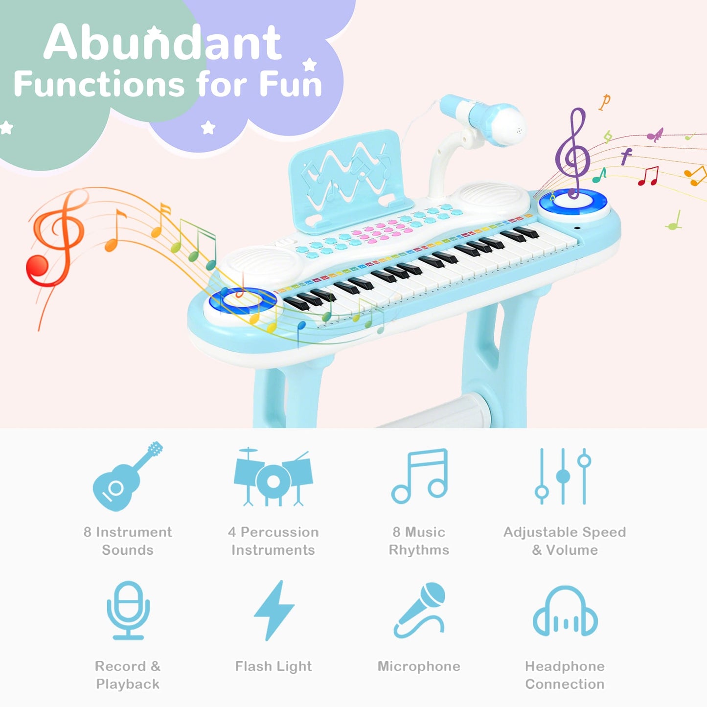 37 Keys Electronic Kids Piano Toy with Detachable Legs and Stool-Blue
