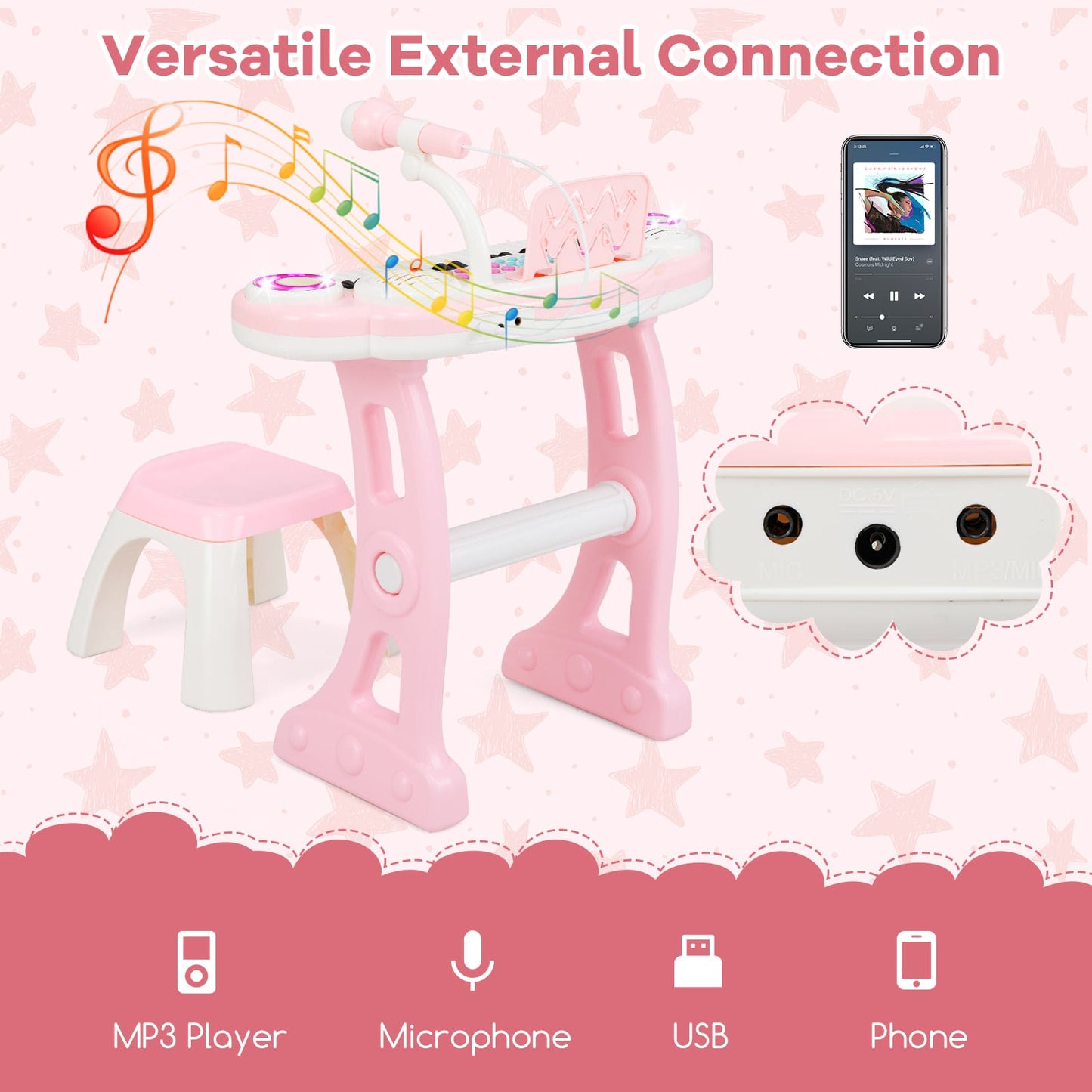 37 Keys Electronic Kids Piano Toy with Detachable Legs and Stool-Pink