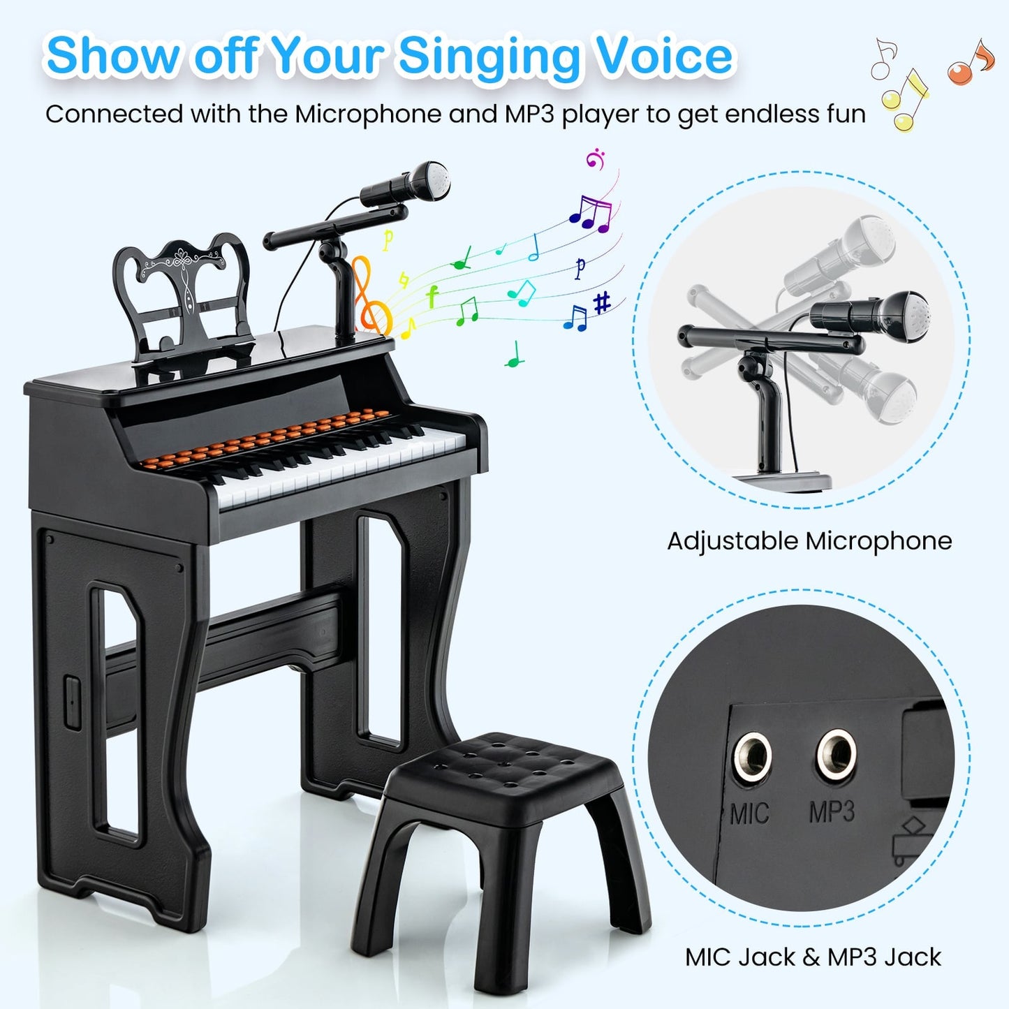 37-Key Electronic Piano Keyboard with Adjustable Microphone-Black