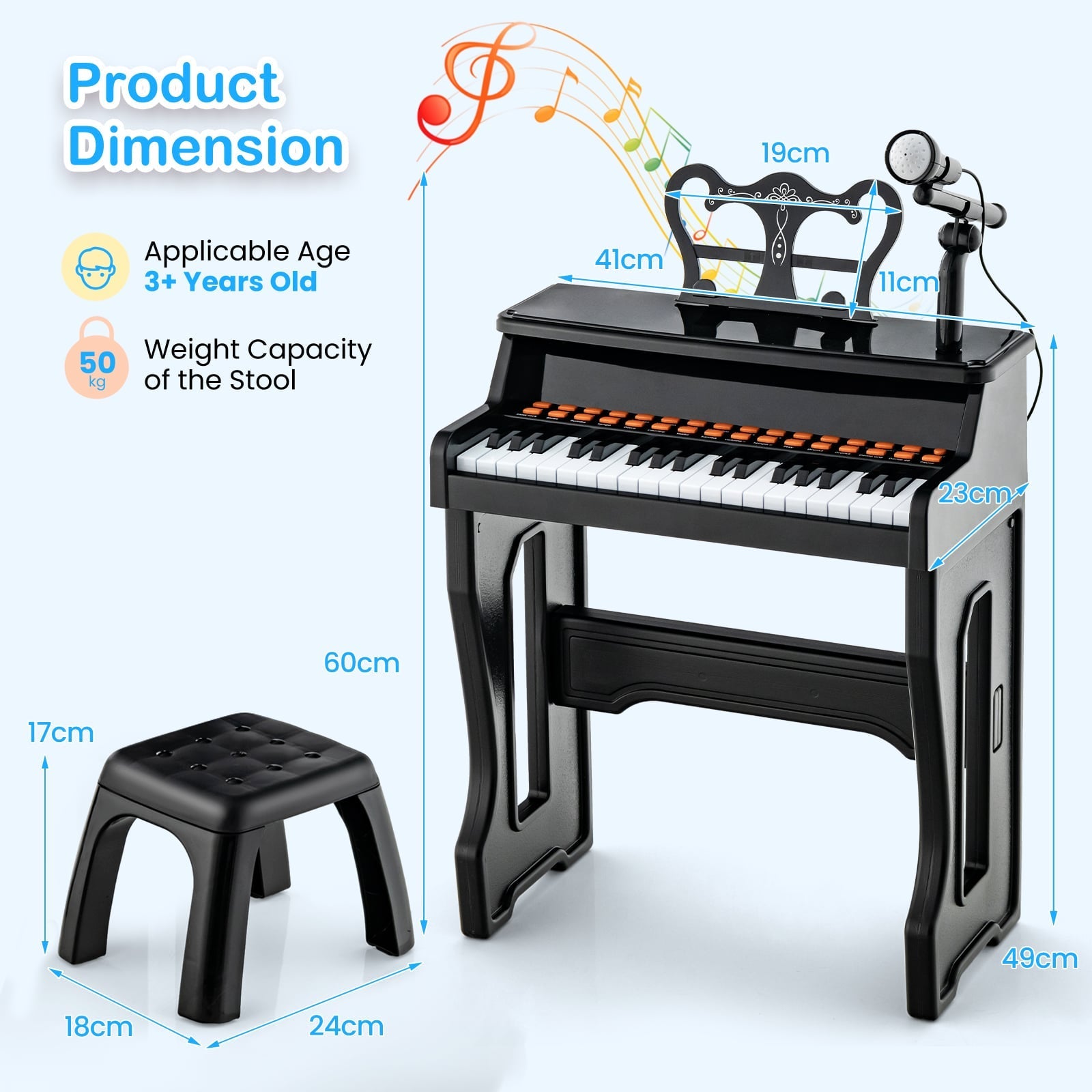 37-Key Electronic Piano Keyboard with Adjustable Microphone-Black