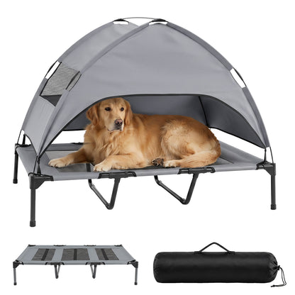 Elevated Dog Bed with Canopy and Raised Indoor Outdoor Pet Bed with Removable Shade Tent for Large Dogs-Grey