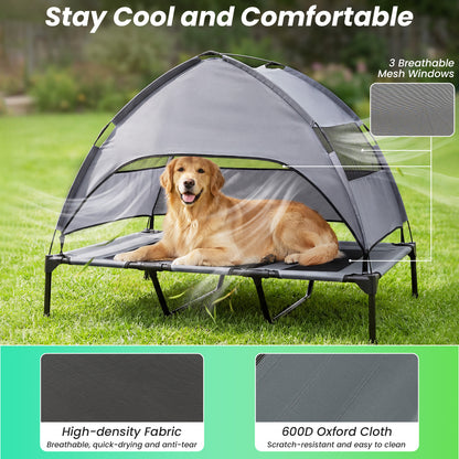 Elevated Dog Bed with Canopy and Raised Indoor Outdoor Pet Bed with Removable Shade Tent for Large Dogs-Grey