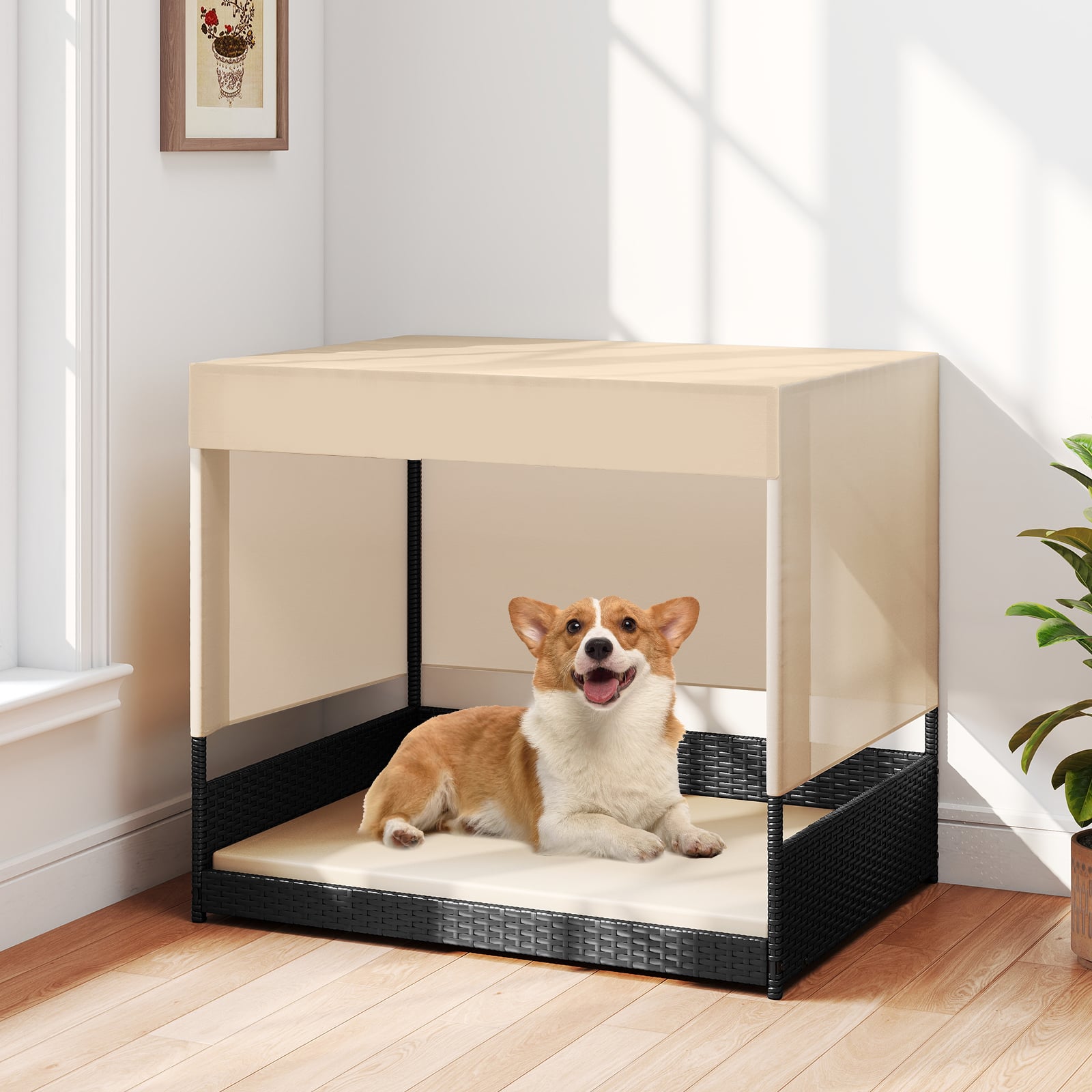 Elevated Wicker Dog House for Small to Medium Breeds-Black