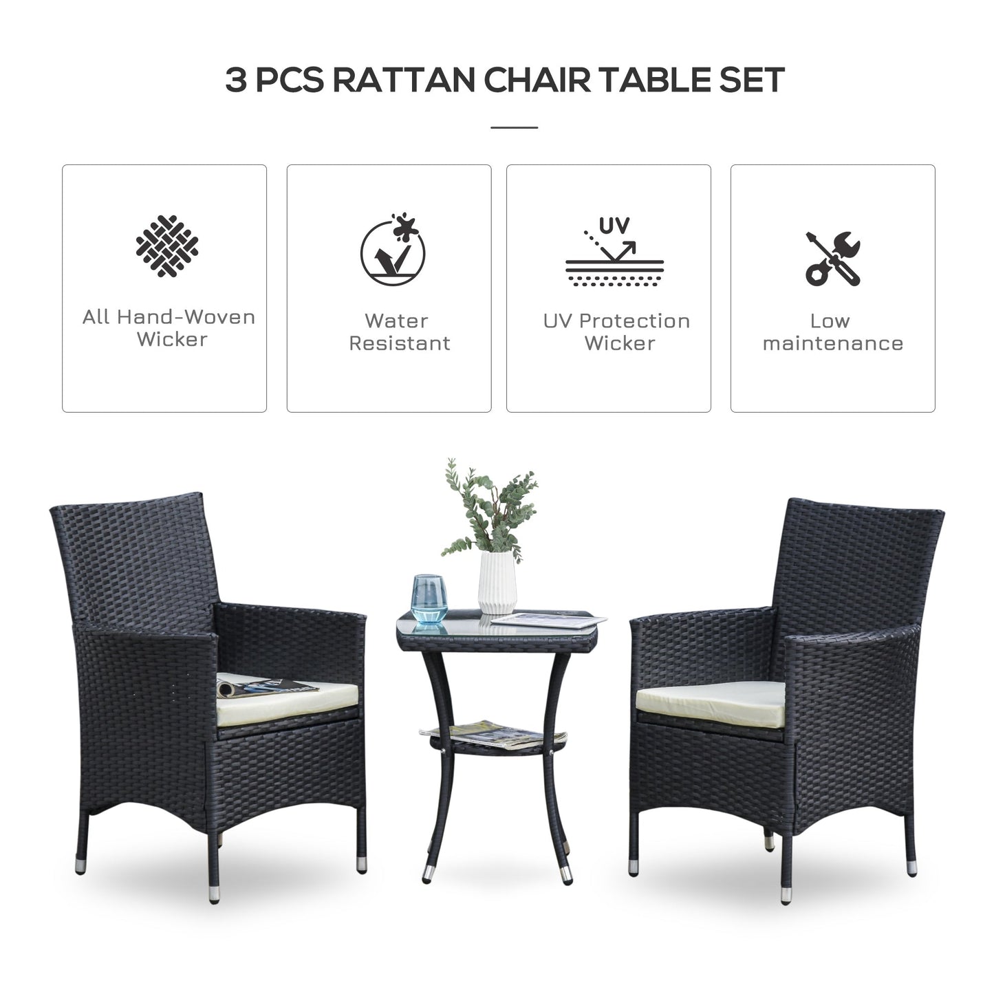 Outsunny 3 Pieces Rattan Bistro Set, Wicker Garden Furniture Set with 2-Tier Coffee Table and Chairs, Cushions, for Outdoor Patio Balcony, Black