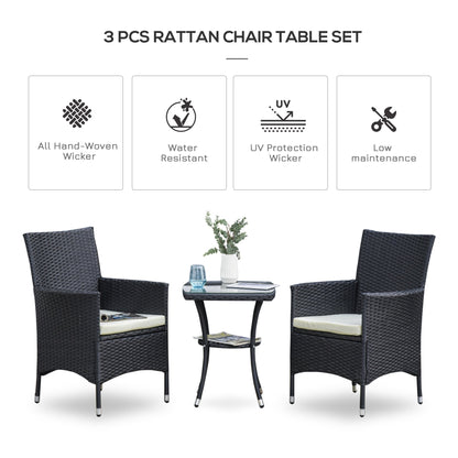 Outsunny 3 Pieces Rattan Bistro Set, Wicker Garden Furniture Set with 2-Tier Coffee Table and Chairs, Cushions, for Outdoor Patio Balcony, Black