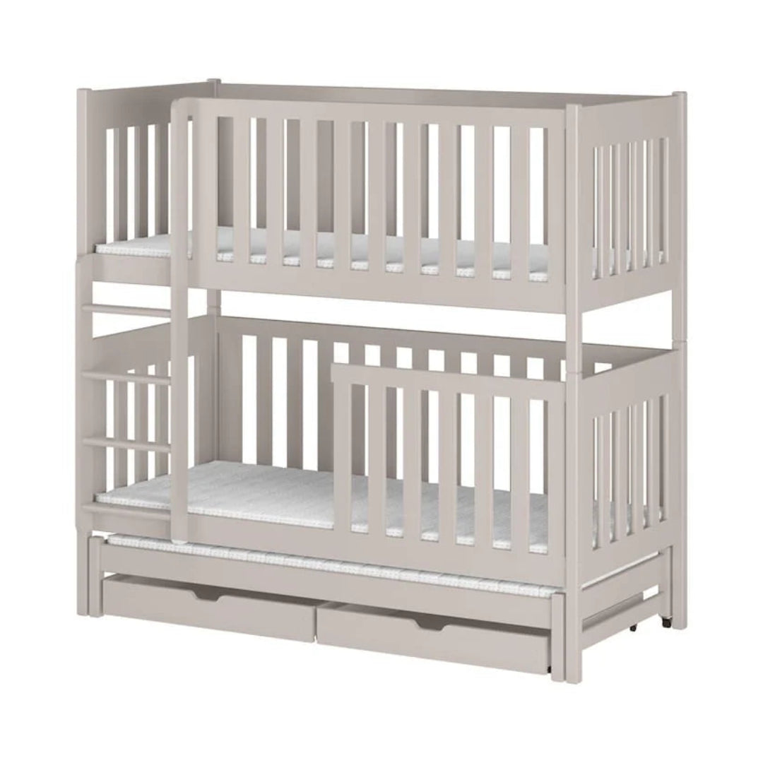 White wooden bunk bed with a single bed on top and a drawer below on a white background