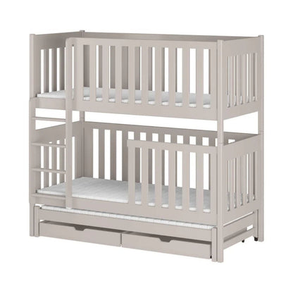 White wooden bunk bed with a single bed on top and a drawer below on a white background