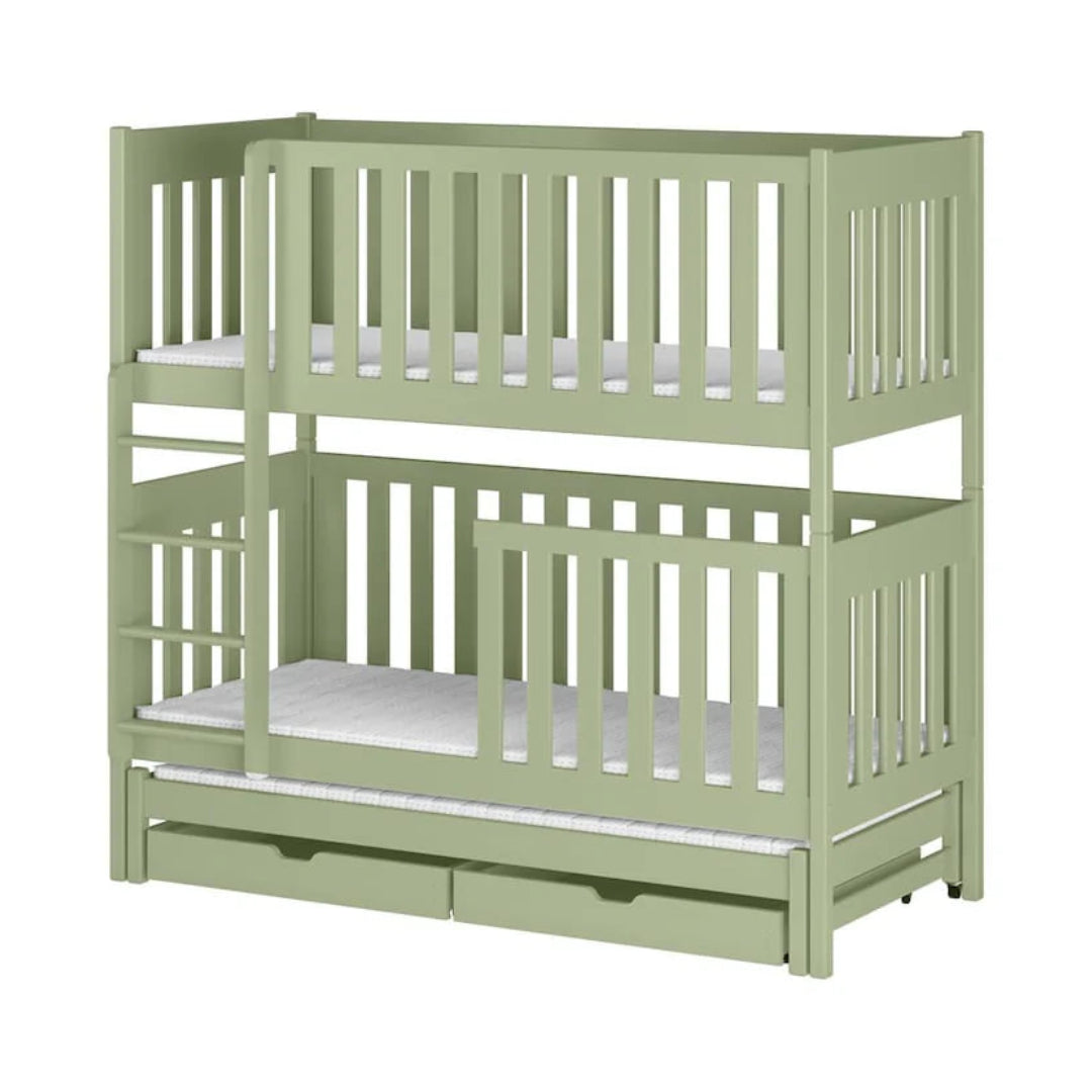 Green bunk bed with white mattress on a white background