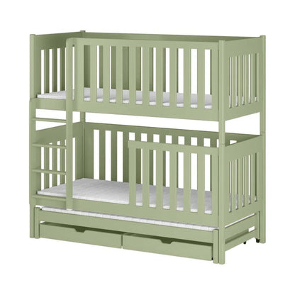 Green bunk bed with white mattress on a white background