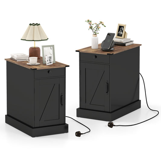 End Table Set of 2 with Charging Station and Storage Drawer-Black