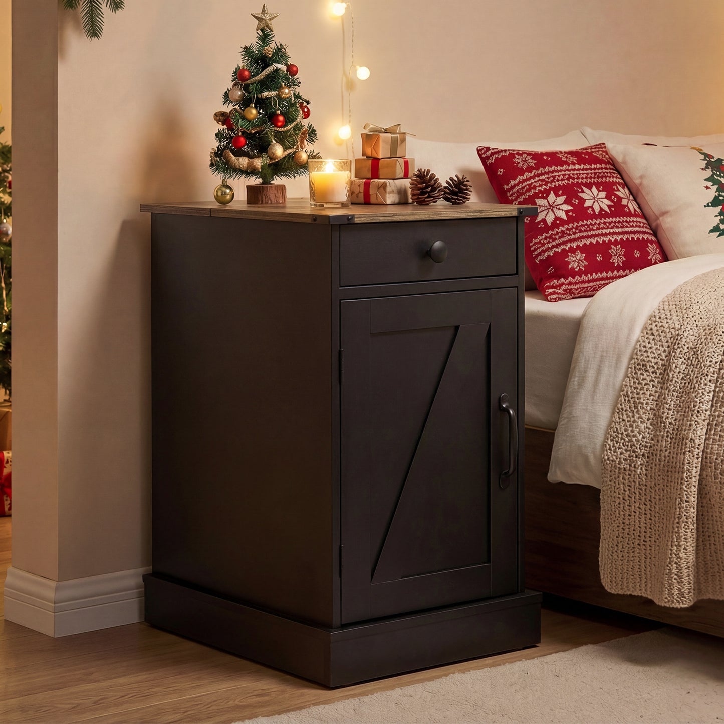 End Table Set of 2 with Charging Station and Storage Drawer-Black