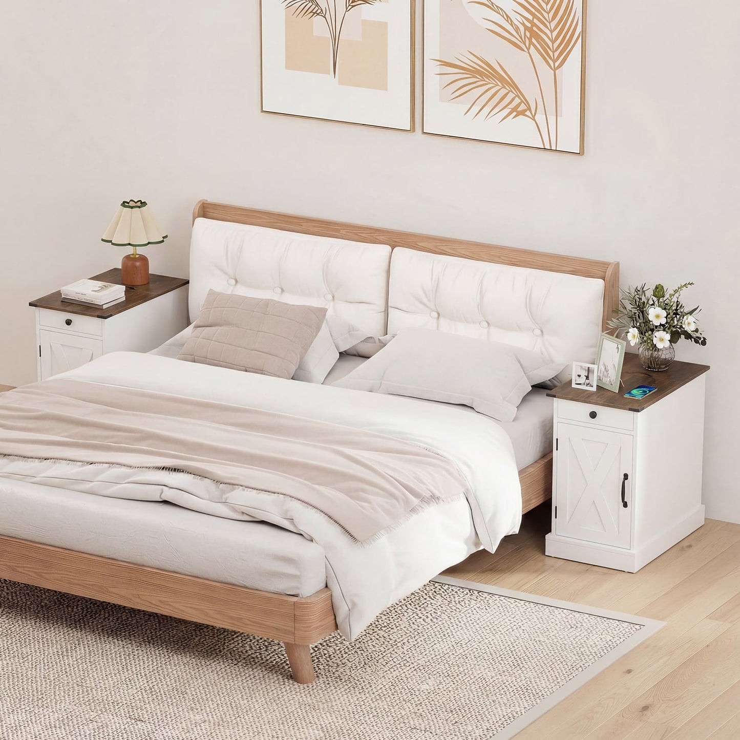 End Table Set of 2 with Charging Station and Storage Drawer-White