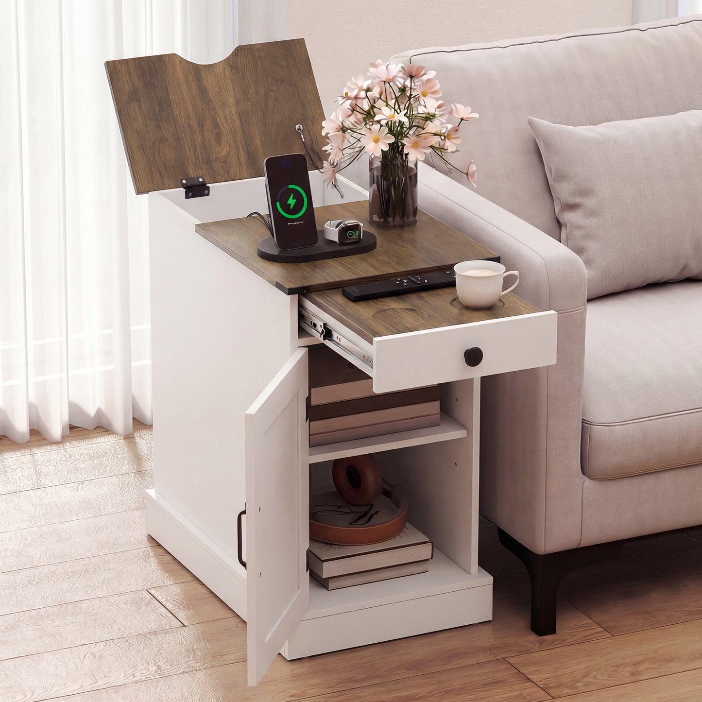 End Table Set of 2 with Charging Station and Storage Drawer-White