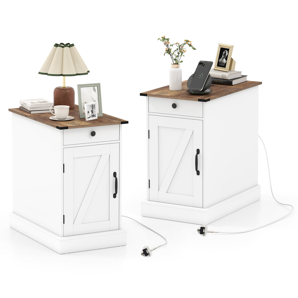 End Table Set of 2 with Charging Station and Storage Drawer-White