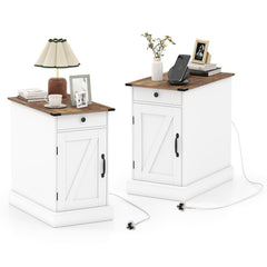 End Table Set of 2 with Charging Station and Storage Drawer-White