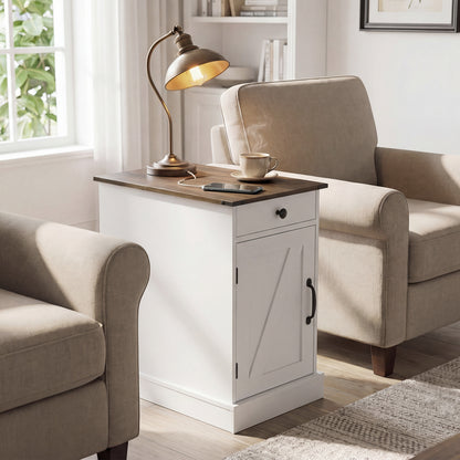 End Table Set of 2 with Charging Station and Storage Drawer-White