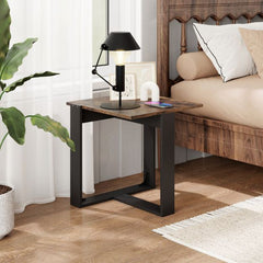 End Table Square Side Table with T-Shaped Metal Base Industrial Nightstand Set of 2-Rustic Brown