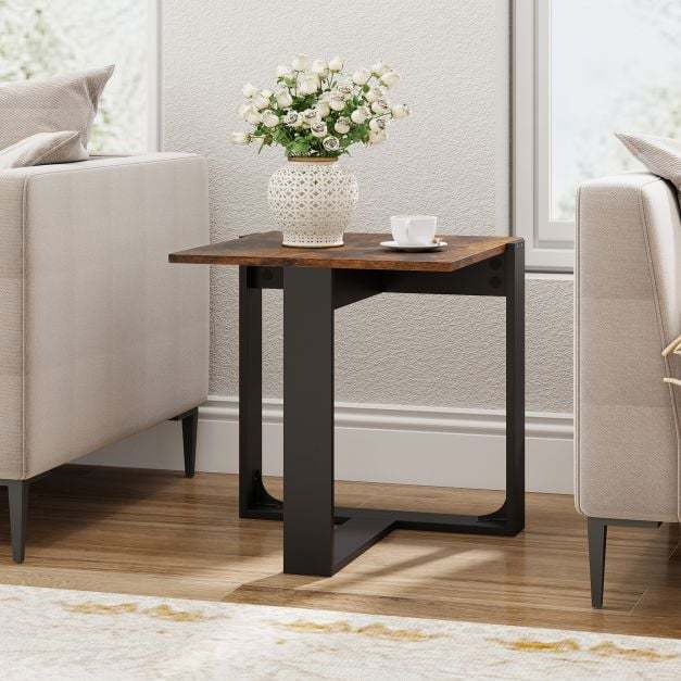 End Table Square Side Table with T-Shaped Metal Base Industrial Nightstand Set of 2-Rustic Brown