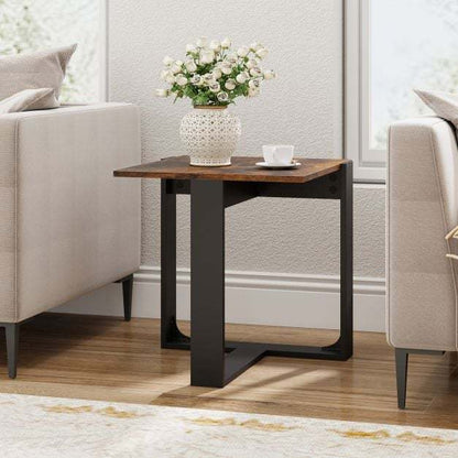 End Table Square Side Table with T-Shaped Metal Base Industrial Nightstand Set of 2-Rustic Brown