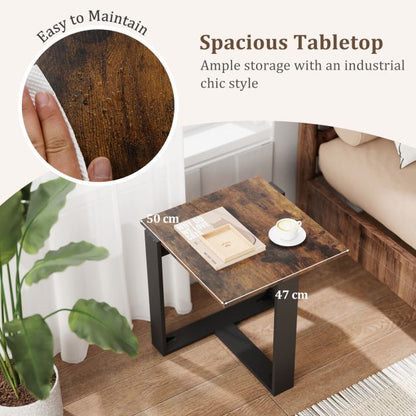 End Table Square Side Table with T-Shaped Metal Base Industrial Nightstand Set of 2-Rustic Brown