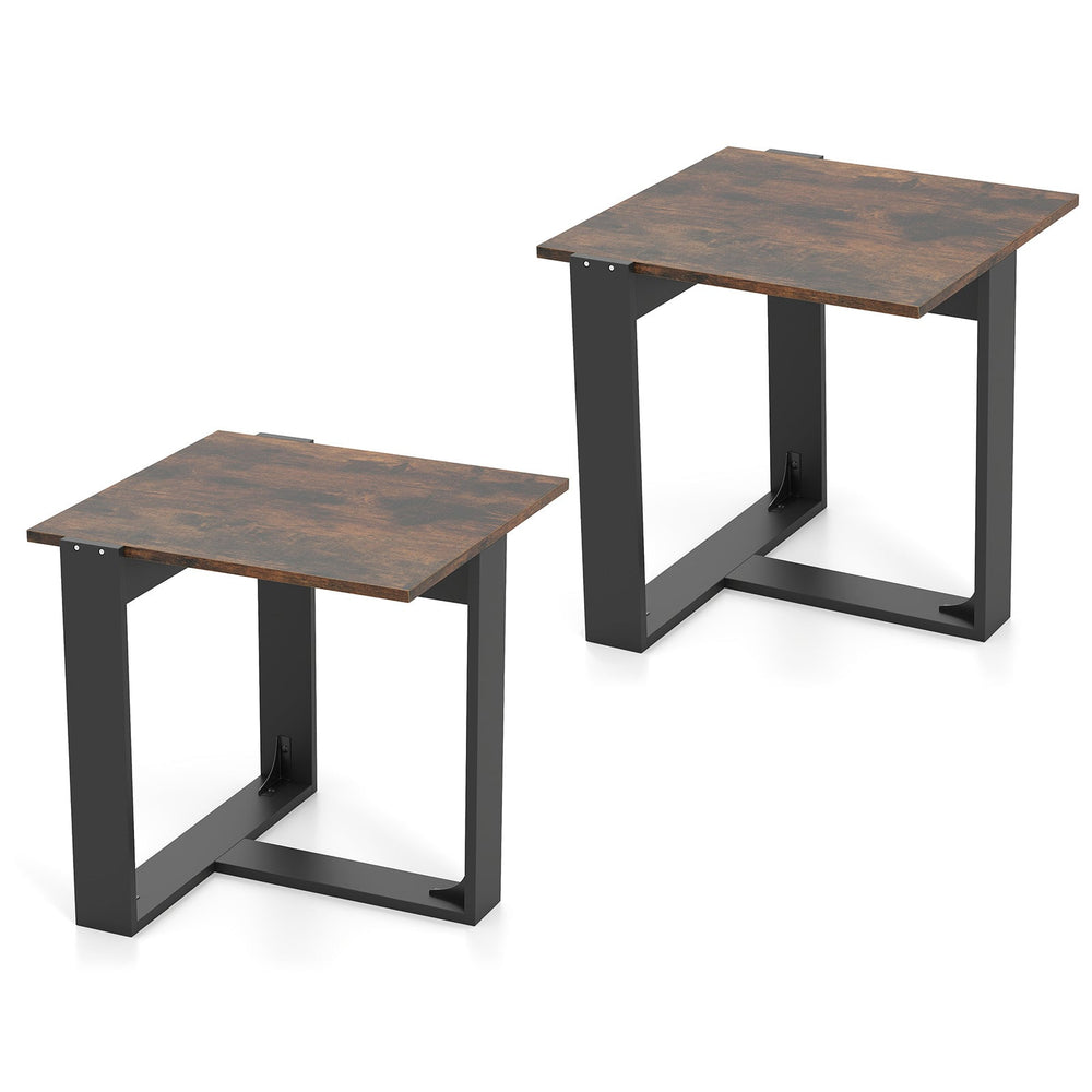 End Table Square Side Table with T-Shaped Metal Base Industrial Nightstand Set of 2-Rustic Brown
