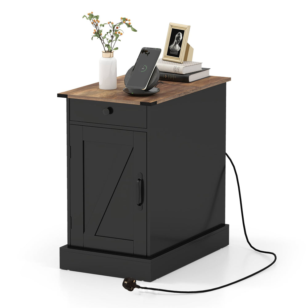 End Table with Charging Station Farmhouse Bedside Table with Storage Drawer-Black