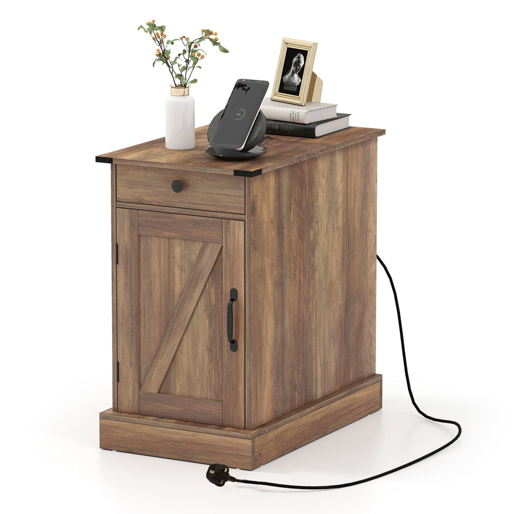 End Table with Charging Station Farmhouse Bedside Table with Storage Drawer-Brown