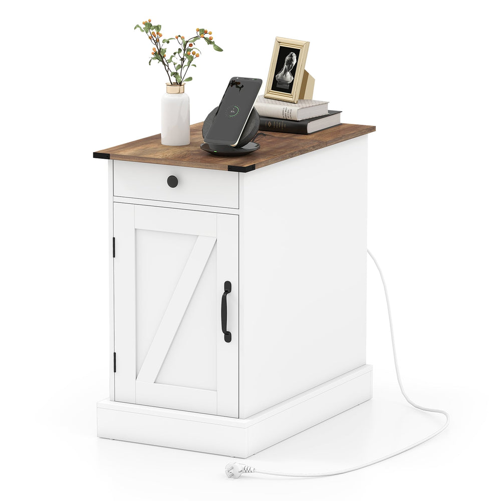 End Table with Charging Station Farmhouse Bedside Table with Storage Drawer-White