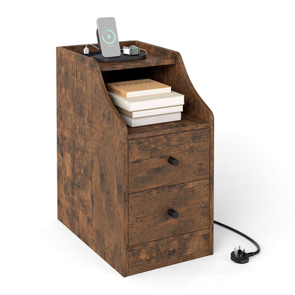 End Table with Charging Station & Storage Drawers for Small Space Living Room Bedroom-Rustic Brown