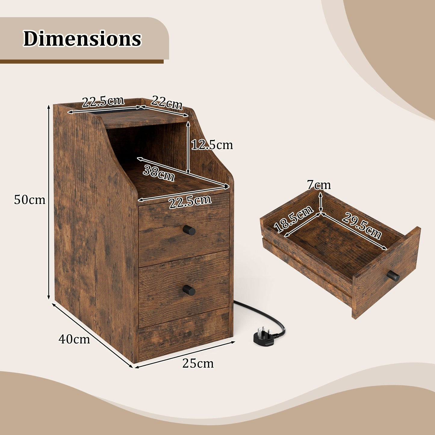 End Table with Charging Station & Storage Drawers for Small Space Living Room Bedroom-Rustic Brown