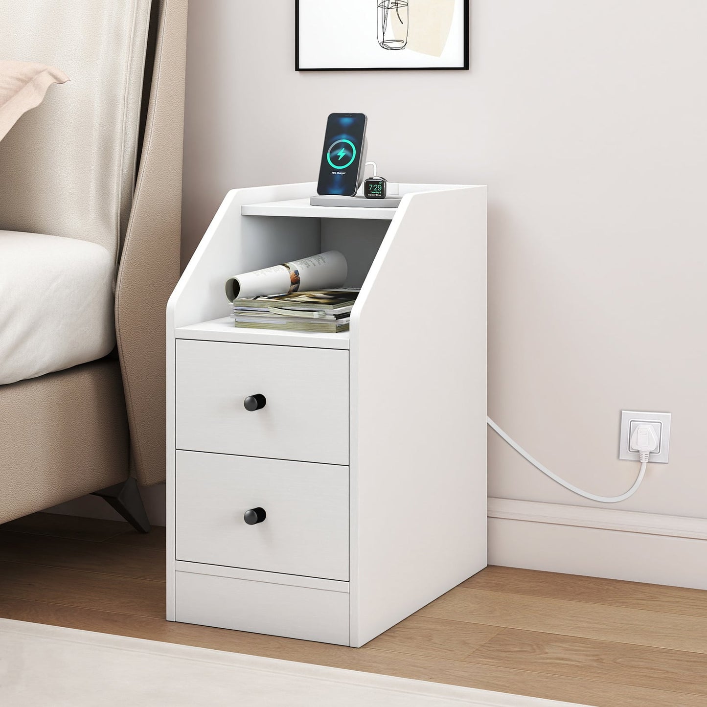End Table with Charging Station & Storage Drawers for Small Space Living Room Bedroom-White