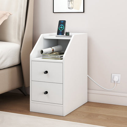 End Table with Charging Station & Storage Drawers for Small Space Living Room Bedroom-White