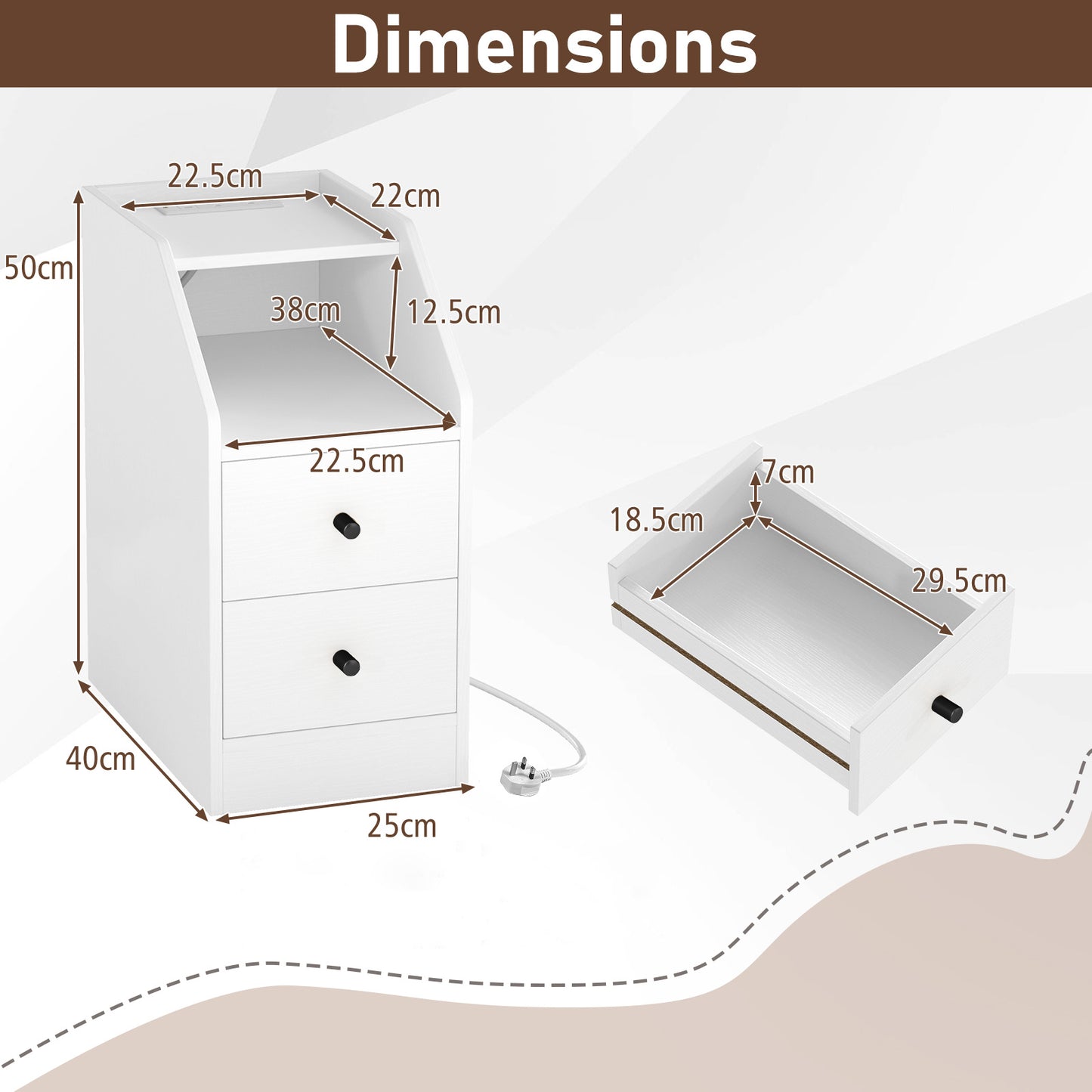 End Table with Charging Station & Storage Drawers for Small Space Living Room Bedroom-White