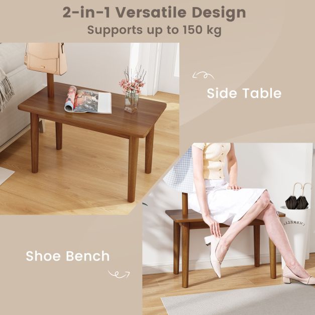 Solid Wood Coat Tree with 2-in-1 Side Table and 3 Hooks for Hats Bags Coats-Coffee